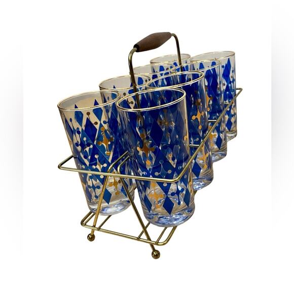 MCM Vintage Highball Glasses Blue Diamond Set of 8 With Cabby - Picture 4 of 7